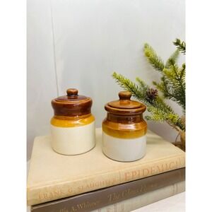 Vintage Two Tone Stoneware Mini Canisters Set of 2 Brown Cream Ceramic Crocks